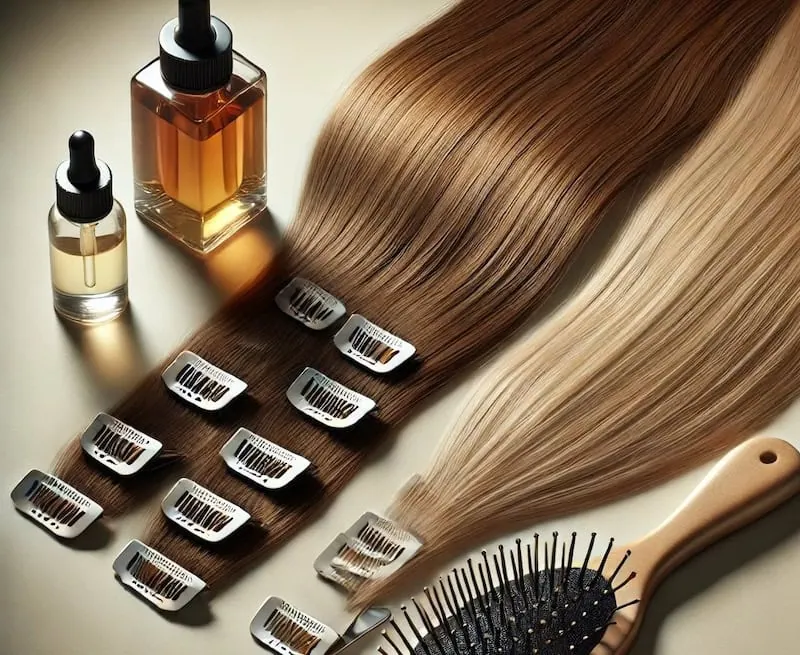 6 Nasvetov za nego in vzdrževanje clip on podaljškov 4 Lasni podaljški clip on v odtenkih rjave in blond s kovinskimi sponkami so lepo položeni na podlago, kot nalašč za enostavno podaljški pripenjanje. V bližini sta dve steklenički z oljem za lase za nego in vzdrževanje ter lesena krtača za lase s črnimi ščetinami.